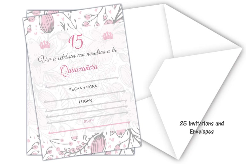 Elcer 25 Quincenera Party Invitations with envelopes | Blank Fill-in Invites | 5 x 7 | 15th Birthday Party Favor | Sweet 15 | En Espanol | In Spanish - Image 2